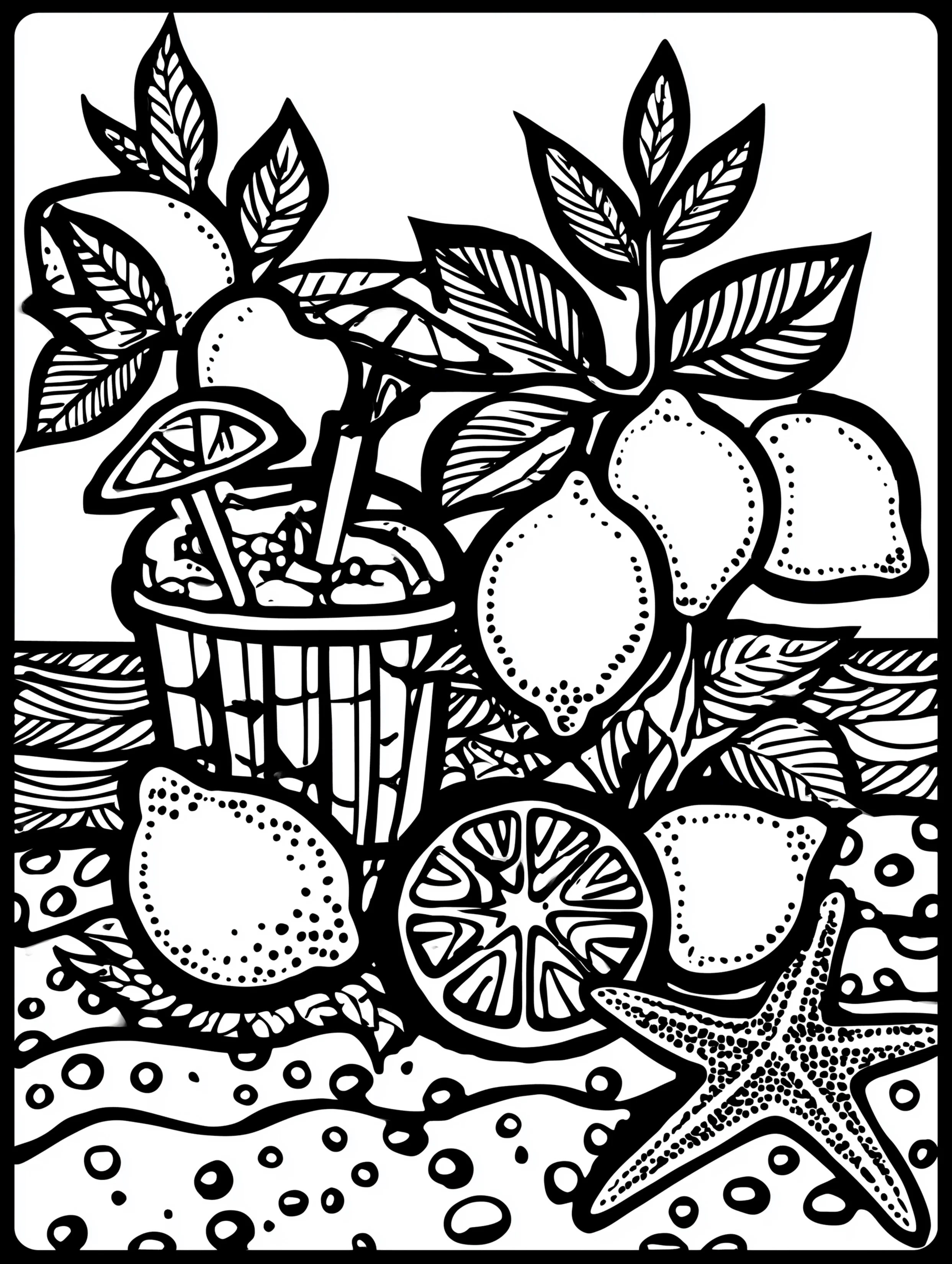 Free printable summer coloring page for adults featuring lemonade materials arranged on the beach